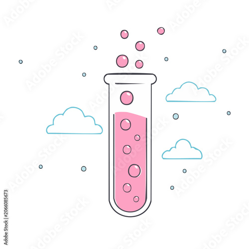 Pink liquid in a test tube with bubbles and clouds