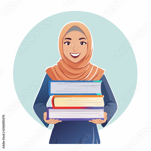 Smiling Muslim Woman in Hijab Holding Stack of Books