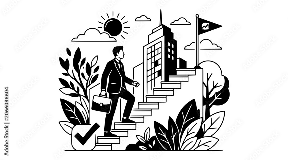 Fototapeta premium Businessman climbing stairs to success in a modern cityscape vector illustration