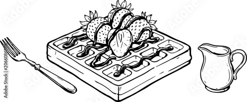 Hand Drawn Belgian Waffle Illustration with Fresh Strawberries, Chocolate Syrup Drizzle, Silverware Fork, and Syrup Pitcher Jug Line Art Vector