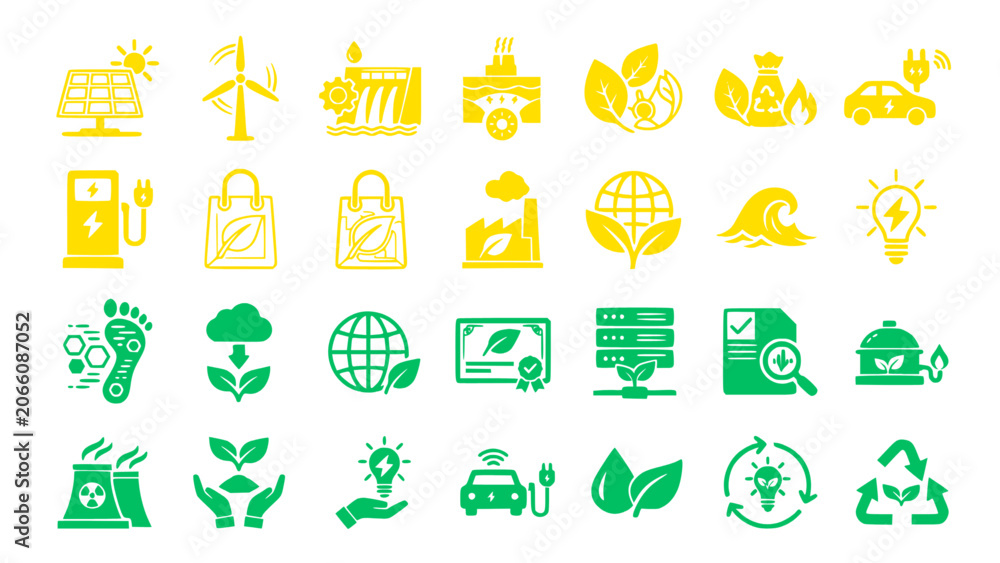 Fototapeta premium Modern vector icons featuring renewable energy, recycling, eco technology, and environmental protection.