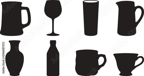 Drinkware and Beverage Container Silhouette Icons Set with Mugs Glasses and Bottles