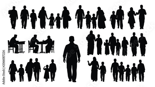 Fotografía Collection of people silhouettes depicting various activities and family groupin