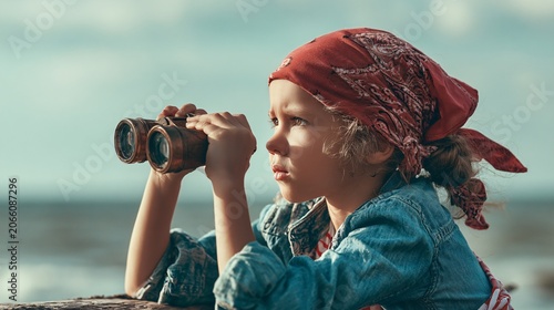 Adventurous Girl Pirate Using Binoculars to Explore