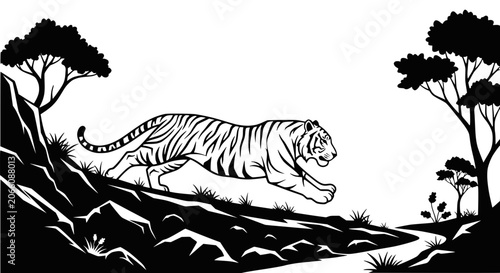 Fotografi Running Tiger Illustration Silhouette, Jungle Landscape, Black and White Line Ar