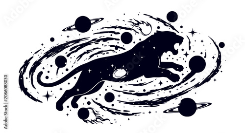 Obraz na plátně Cosmic Panther Silhouette in Galaxy Swirl with Planets and Stars