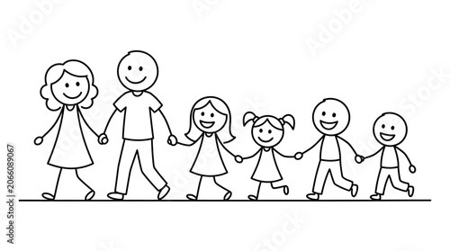Joyful stick figure family walking hand in hand, depicting unity and happiness