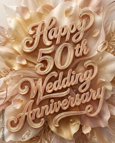 Soft Floral Composition with Happy 50th Wedding Anniversary Rose Gold Script Typography Surrounded by Cream Petals Delicate Blossoms and Elegant Romantic Details