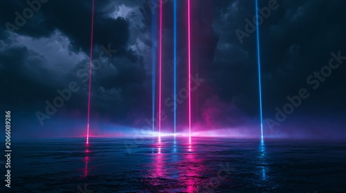 Vibrant Neon Laser Beams Illuminate Dark Stormy Sky