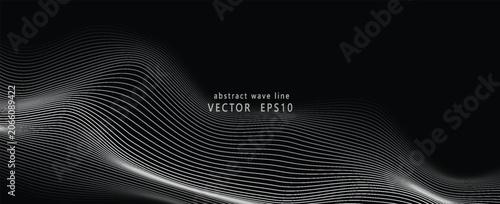 Flowing dots particles wave pattern 3D curve halftone black gradient curve shape isolated on white background, science, music, modern.vector