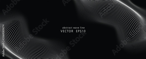 Flowing dots particles wave pattern 3D curve halftone black gradient curve shape isolated on white background, science, music, modern.