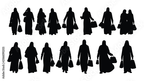Bilde på lerret Collection of women carrying shopping bags in various poses black silhouette wom