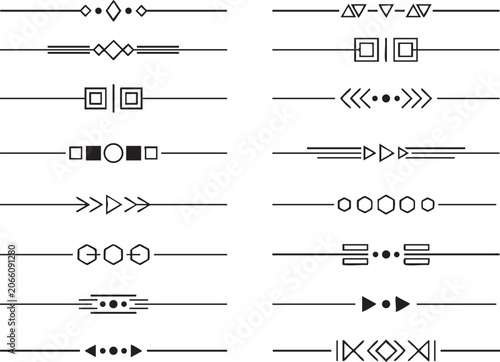 Set of luxury thin line geometric dividers vector illustration elements for page decoration with abstract shapes and minimalist style designs for professional graphic projects and document formatting.