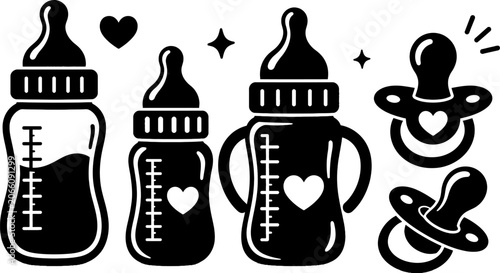 Slika na platnu Set of black baby milk bottles and pacifiers with hearts