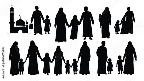 Tableau sur toile Family silhouettes with mosque backdrop on a white background depicting islamic