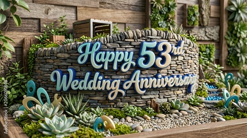 Rustic Stone Garden Feature Displaying Happy 53rd Wedding Anniversary Typography Surrounded by Succulents, Pebbles, Wooden Walls and Miniature Landscape Design
