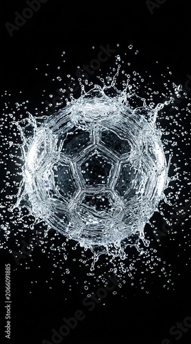 Soccer ball made of water splashing on black background