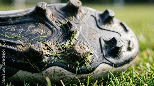 Close up of muddy soccer cleat on grass