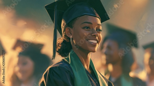 Happy Young Black Woman in Graduation Cap and Gown Celebrating Achievement