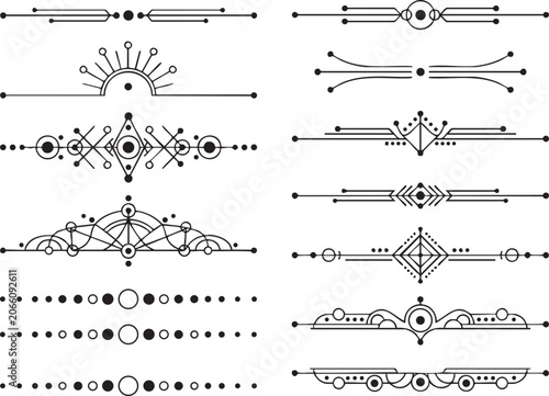 Complex geometric dividers with celestial and mystical motifs for artistic book design including sun rays and moon phases linear elements decorative horizontal borders for spiritual themed layouts.
