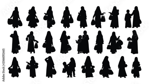 Foto Collection of women in traditional clothing carrying shopping bags black silhoue