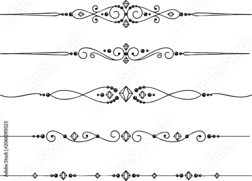 Set of luxury vintage text dividers with beads and diamond accents isolated on transparent background for elegant typography wedding stationery and refined graphic design layout page elements.