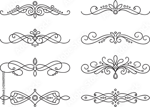Decorative text dividers and scroll flourishes with diamonds isolated on transparent background for luxury graphic design wedding stationery and elegant page layout ornamentation project files.
