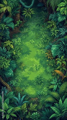 Dense Tropical Jungle with Vibrant Foliage, Vines, and Lush Greenery in Pixel Art Style