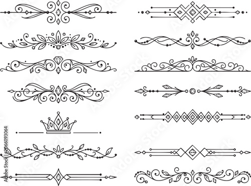 Set of elegant decorative dividers with diamonds and crown illustrations isolated on transparent background for luxury stationery wedding invitations and professional graphic layout composition.