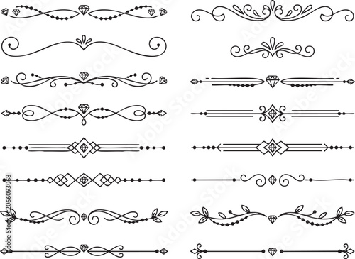 Collection of ornamental text separators featuring diamonds and delicate swirls isolated on transparent background for refined print projects invitation cards and elegant page decoration elements.