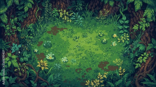 Dense Tropical Jungle with Vibrant Green Grass, Vines and Foliage in Pixel Art Style