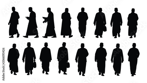 Tablou pe pânză Collection of male figures in traditional longyi garments black silhouette again