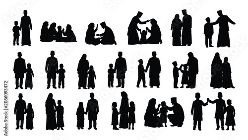 Fotografía Collection of family silhouettes depicting various poses and group sizes a black