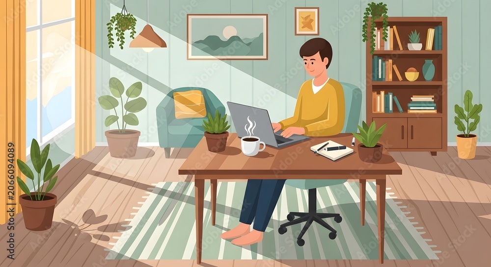 Fototapeta premium Woman working on laptop at home office with natural light and indoor plants