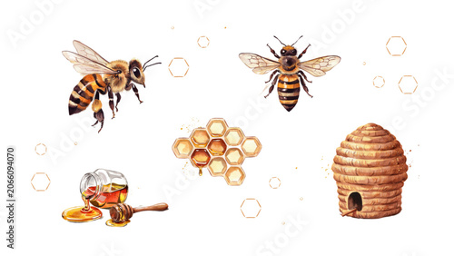 Foto Cute honey bees flying around a beehive and honeycomb pieces Vector