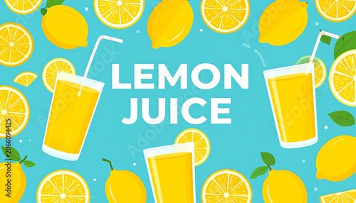 Yellow lemons and glasses of juice adorn a teal background with the words 