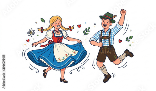 Canvastavla Happy Bavarian Folk Dance Couple with Dirndl and Lederhosen Vector Characters