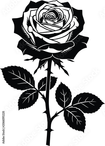 Elegant black and white rose silhouette with stem and leaves isolated on white background