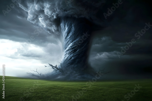 Power storm, calm land scene.