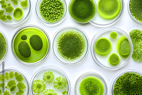 Microalgae growing in glass dishes