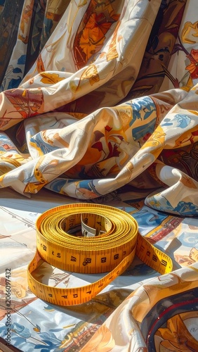 Yellow measuring tape lays atop patterned, draping fabric; folds and curves define the image