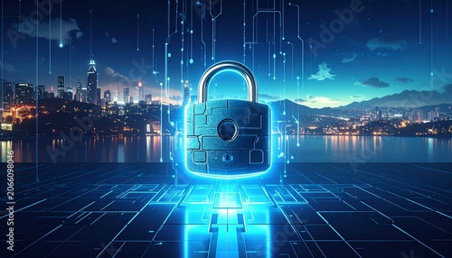 Large, glowing blue digital padlock floating above a circuit board grid, with an illuminated city skyline across the water at night.