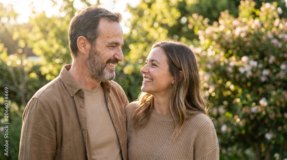 Fototapeta premium Happy middle aged couple smiling at each other outdoors in sunlight