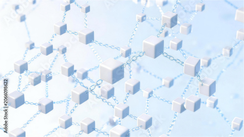 Massive digital matrix network background with endless glossy white cubes connected by transparent glass chains, 3d rendered big data infrastructure