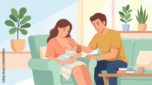 Father Supporting Breastfeeding Mother Cartoon Vector