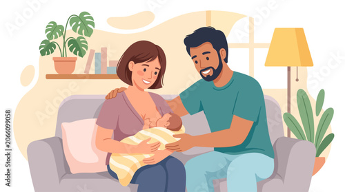 Father Supporting Breastfeeding Mother Cartoon Vector
