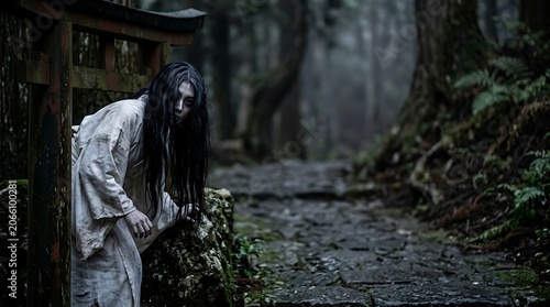 Ghostly woman in white robe haunting a dark forest by a wooden gate