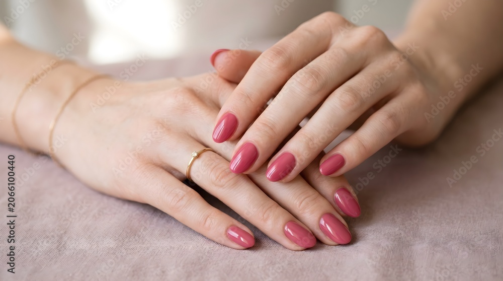 Naklejka premium Elegant Female Hands with Single Color Manicure Close Up