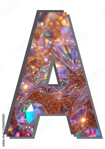 Elegant sparkling capital letter A filled with realistic luxury diamonds and glowing gold glitter background