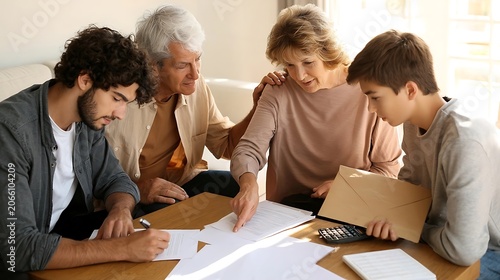 Multi-generational family gathered around a table reviewing documents and papers.